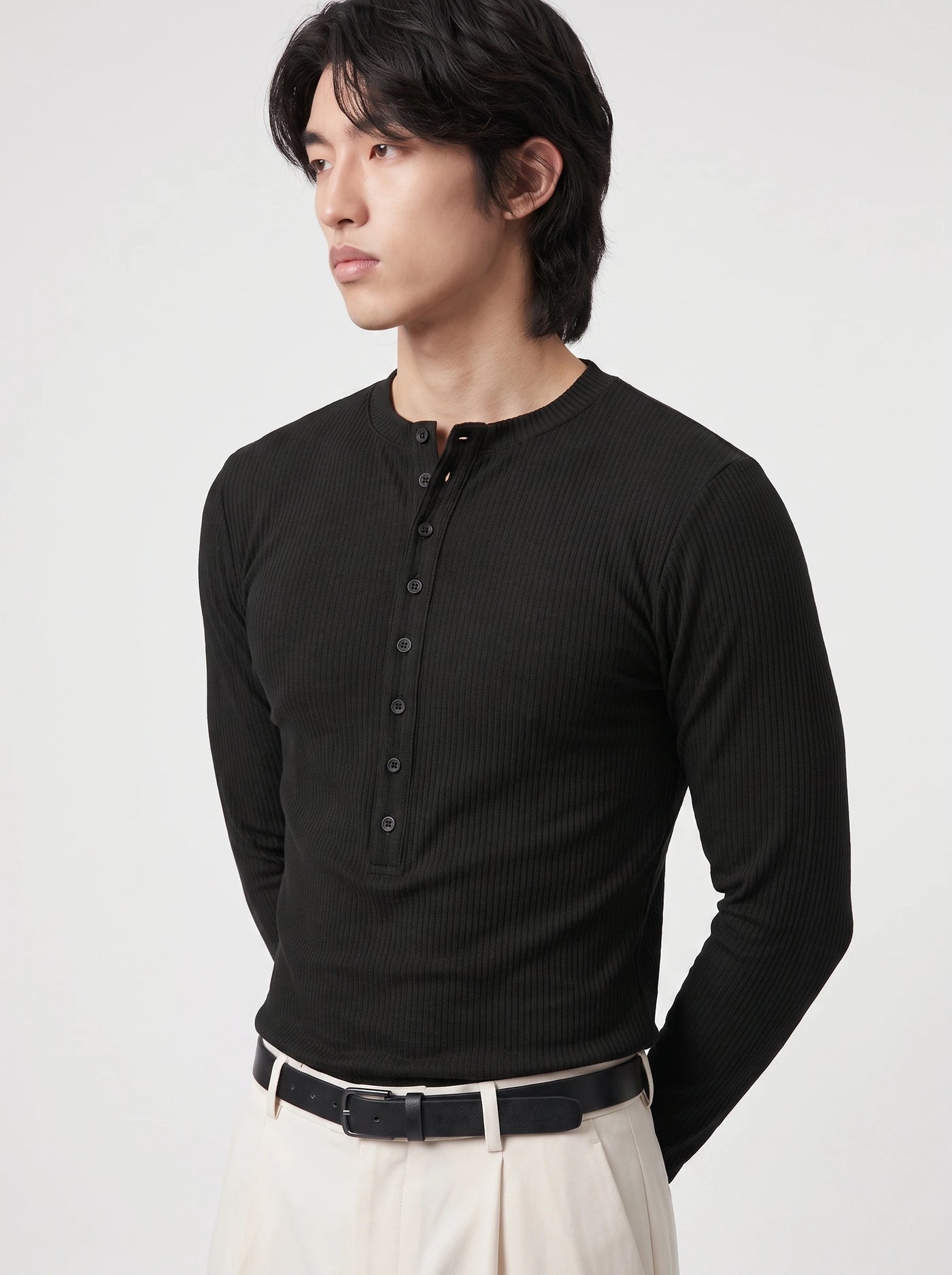 Ribbed Henley Long Sleeve Black