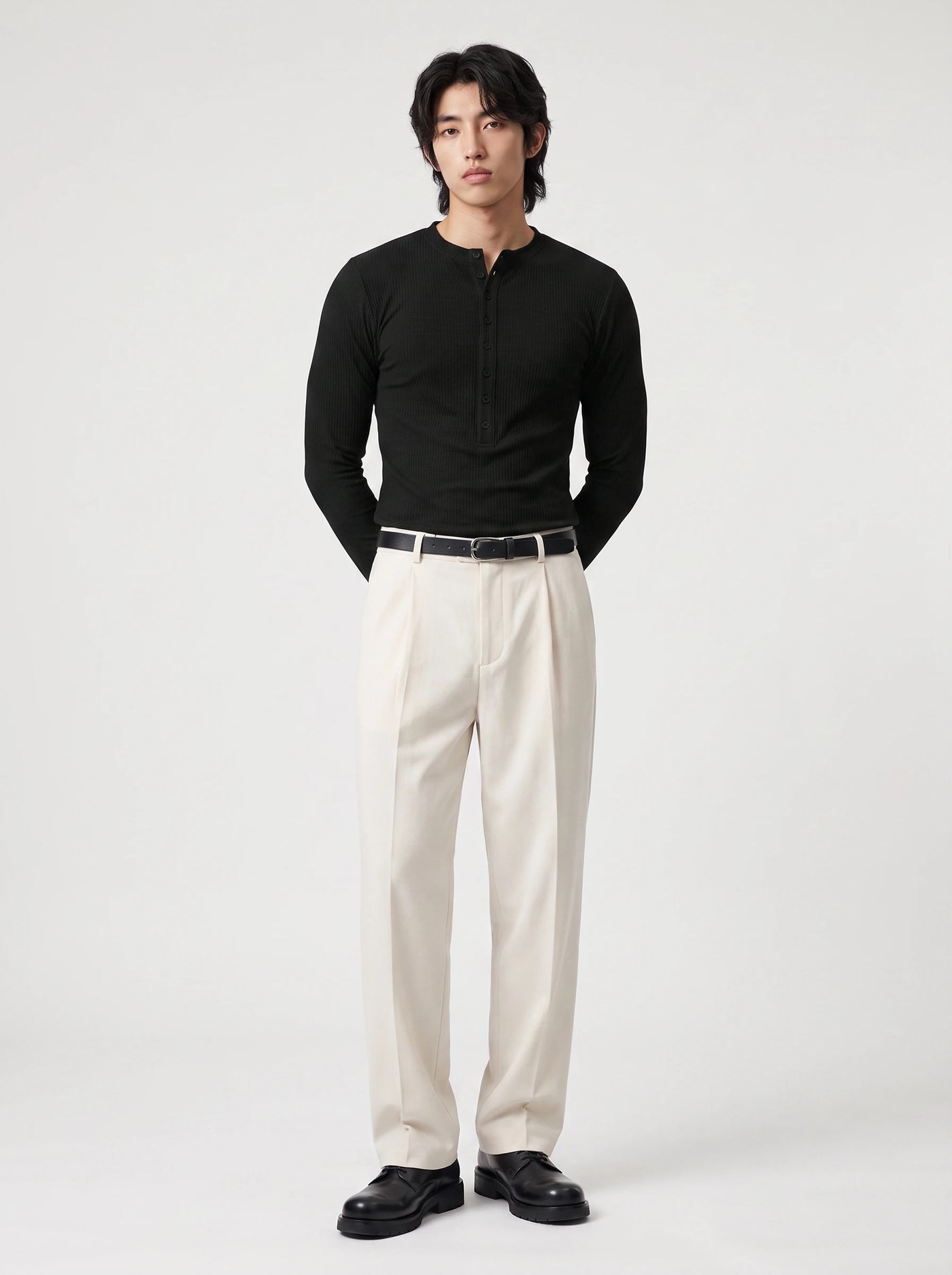 Ribbed Henley Long Sleeve Black