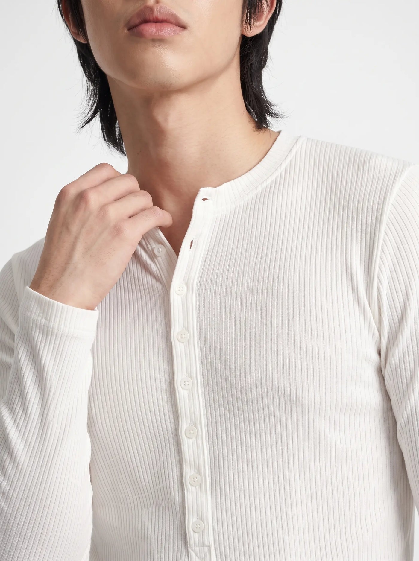 Placket Ribbed Henley Long Sleeve White