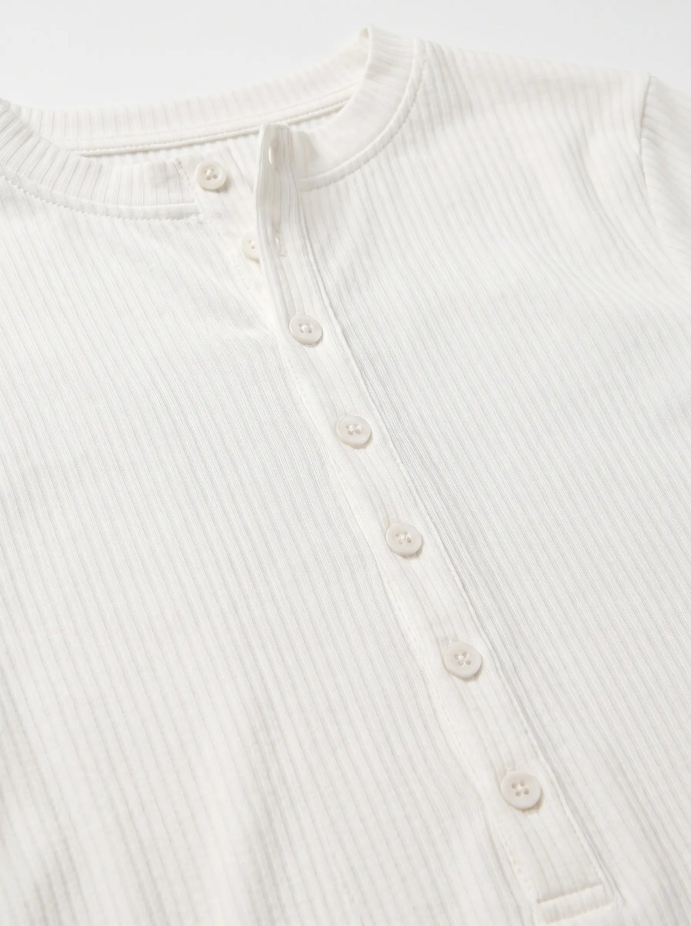 Placket Ribbed Henley Long Sleeve White