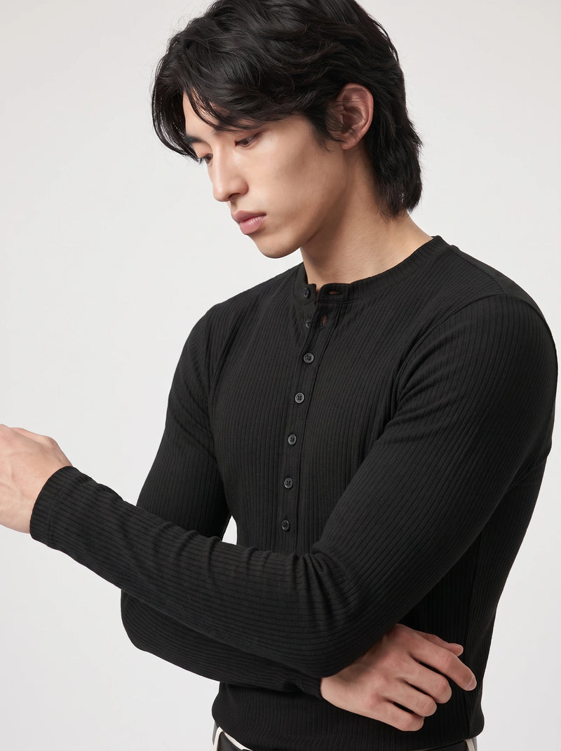 Ribbed Henley Long Sleeve Black