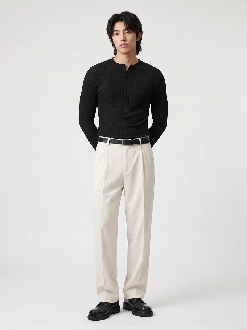 Ribbed Henley Long Sleeve Black
