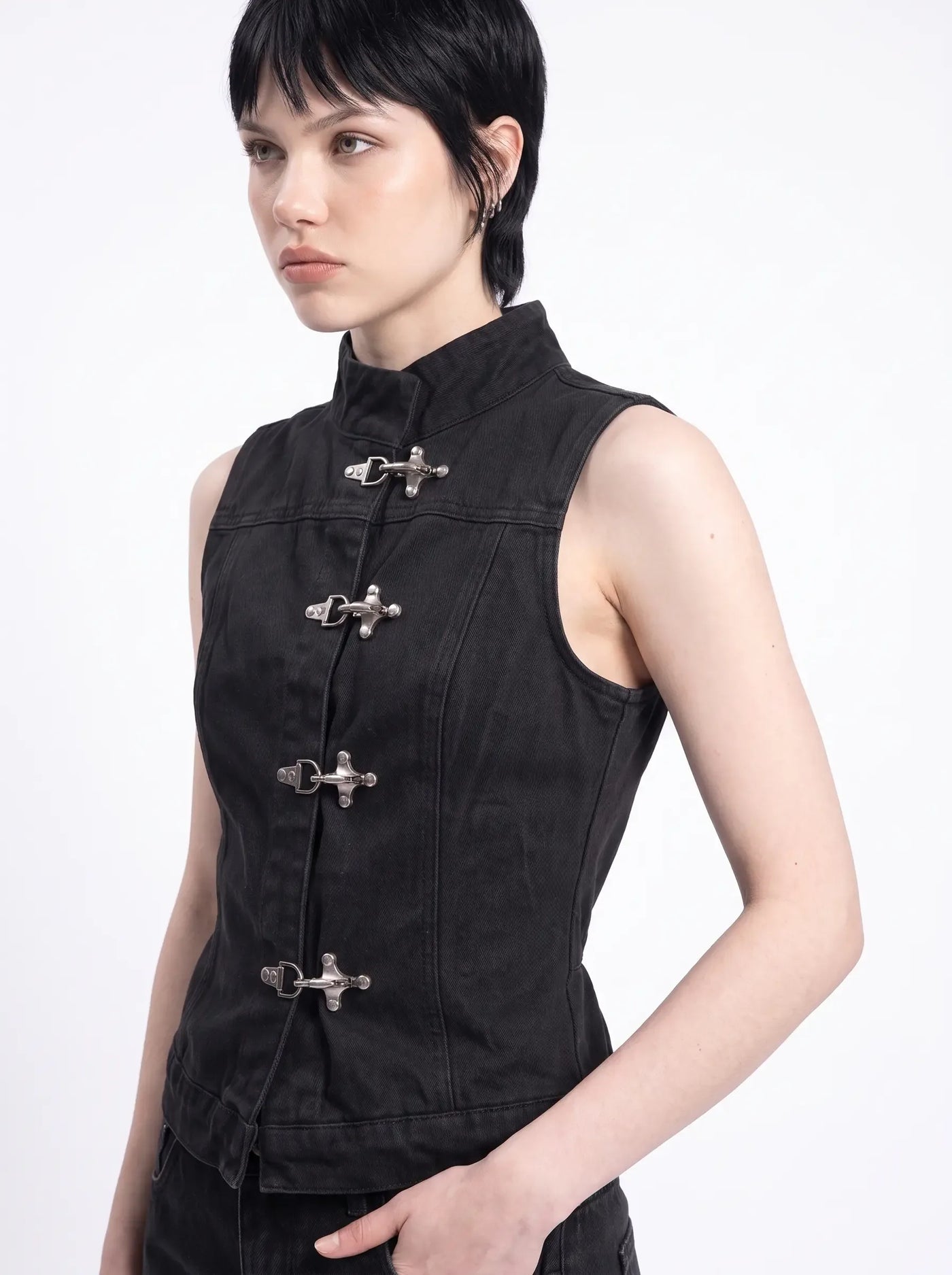 Hardware High Neck Denim Vest