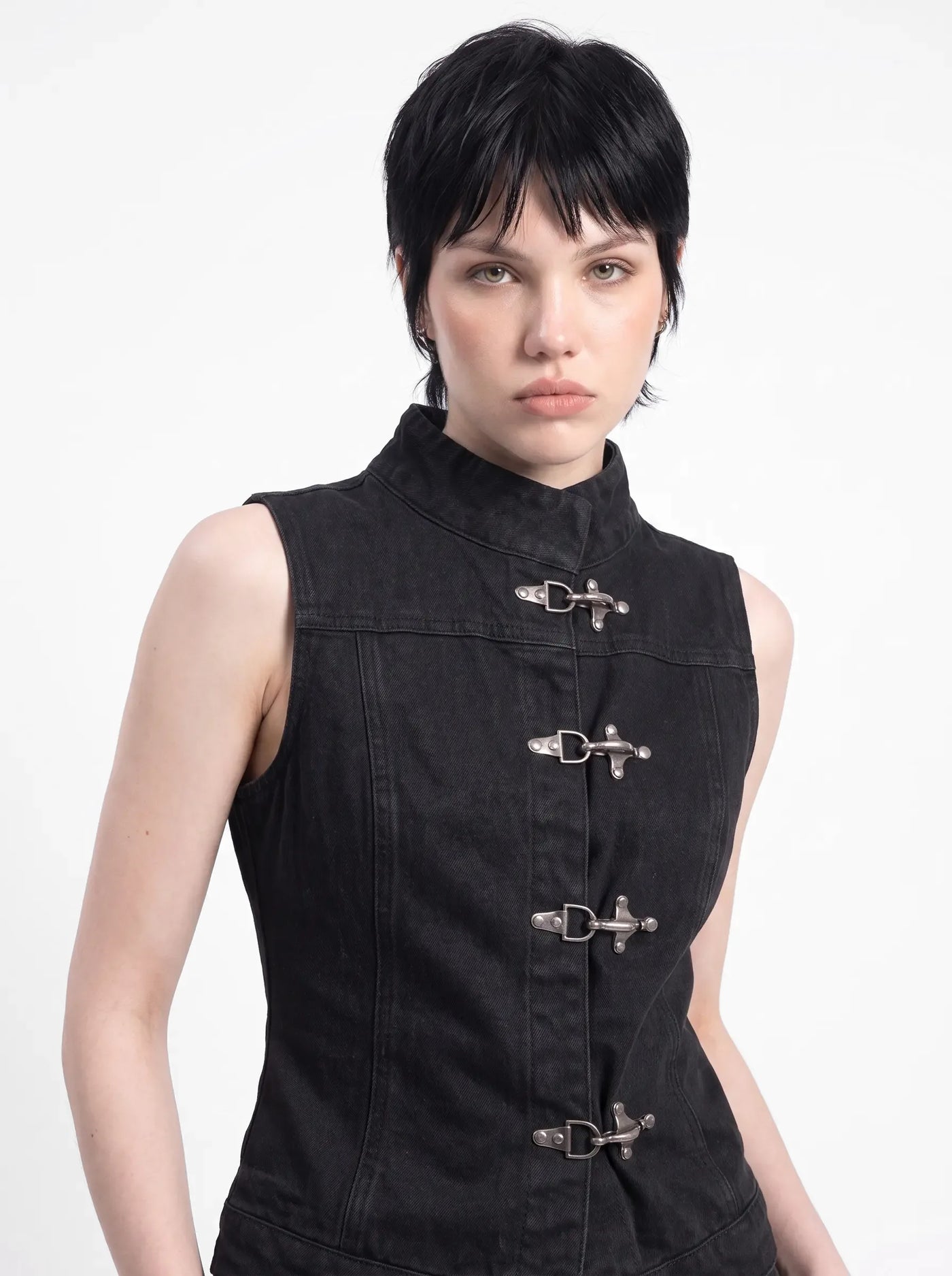 Hardware High Neck Denim Vest