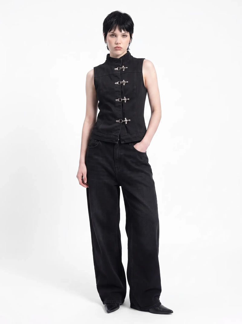 Hardware High Neck Denim Vest
