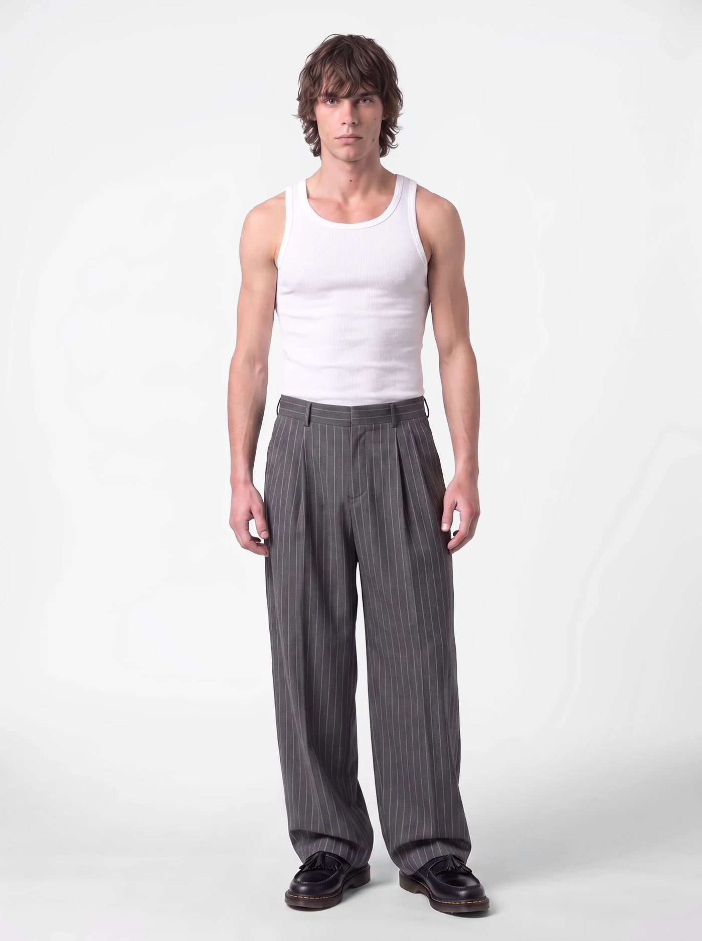 Syndicate Pinstripe Wide Leg Trousers Grey
