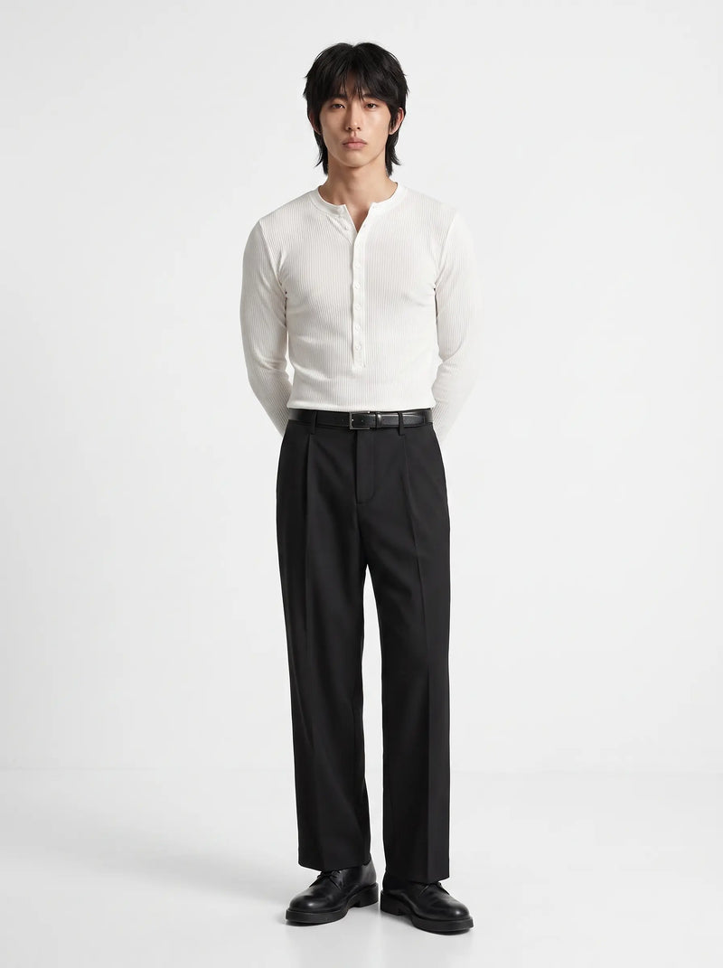 Placket Ribbed Henley Long Sleeve White