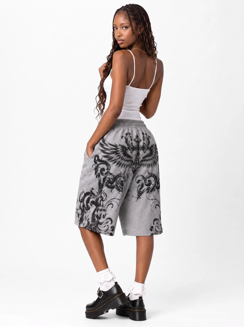 Graffiti Wide Sweat Shorts Grey