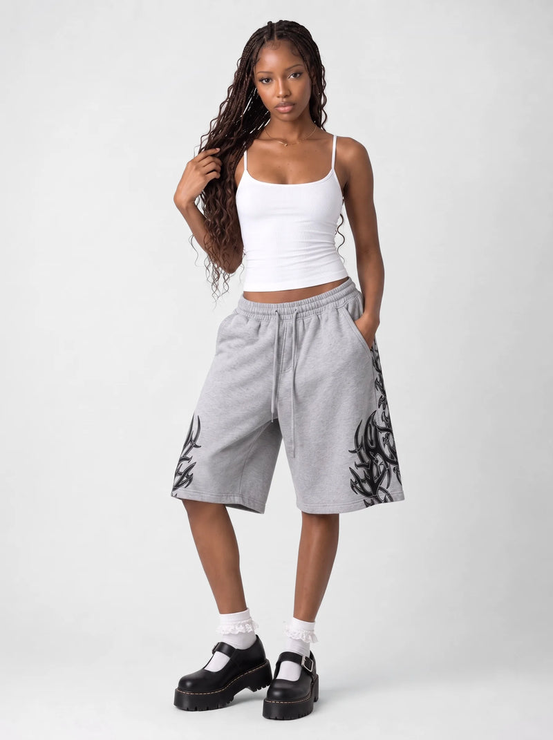 Graffiti Wide Sweat Shorts Grey